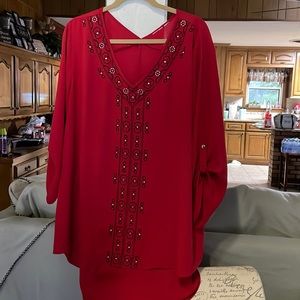 Cato Red & Black 3/4 Length Sleeve High-low Sheer Tunic Blouse Size 2X